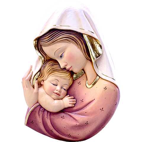 Rilievo della Madonna con Bambino da parete, in legno dipinto a mano, rosso e bianco, linea da 24 cm circa