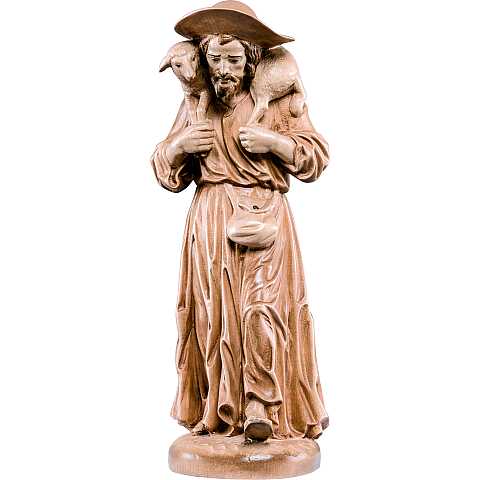 Statua del Buon Pastore in Legno, Rifinitura 3 Toni di Marrone, Altezza 18 Cm Circa - Demetz Deur