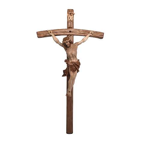 Crocifisso con Cristo delle Alpi in legno di tiglio, 3 toni di marrone, con croce pastorale, 41 x 78 cm, altezza Gesù: 35 cm - Demetz Deur