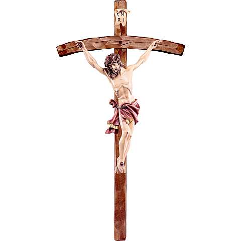 Crocifisso di Cristo delle Alpi con drappo rosso, in legno dipinto a mano, con croce pastorale, 114 x 234 cm, altezza Gesù: 110 cm - Demetz Deur