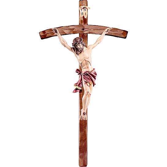 Crocifisso di Cristo delle Alpi con drappo rosso, in legno dipinto a mano, con croce pastorale, 155 x 319 cm, altezza Gesù: 150 cm - Demetz Deur