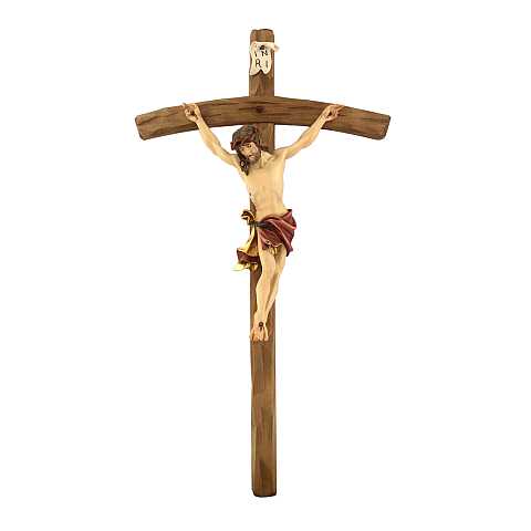 Crocifisso di Cristo delle Alpi con drappo rosso, in legno dipinto a mano, con croce pastorale, 25 x 45 cm, altezza Gesù: 20 cm - Demetz Deur