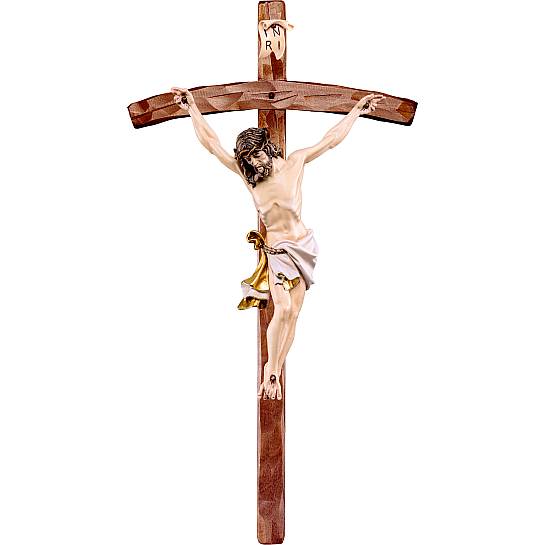 Crocifisso di Cristo delle Alpi con drappo bianco, in legno dipinto a mano, con croce pastorale, 155 x 319 cm, altezza Gesù: 150 cm - Demetz Deur