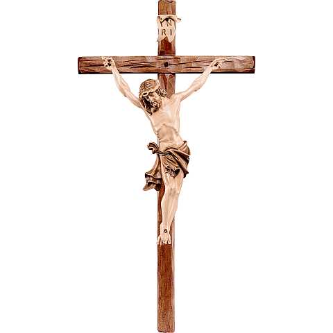 Crocifisso Cristo delle Alpi con Croce Dritta, Legno Naturale, Altezza Corpo Gesù: 35 Cm - Demetz Deur