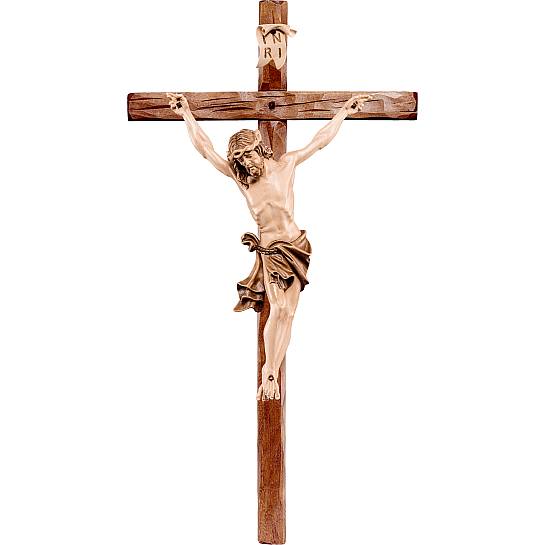 Crocifisso Cristo delle Alpi con Croce Dritta, Legno in 3 Toni di Marrone, Altezza Corpo Gesù: 60 Cm - Demetz Deur