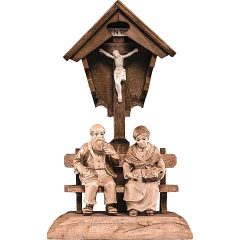 Crocifisso con Statuine di Nonni, Croce da Parete, Legno 3 Toni di Marrone, Altezza: 18 cm.