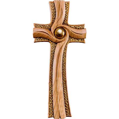 Croce della Luce, Crocifisso Contemporaneo Stile Moderno da Muro, Legno di Ciliegio con Dettagli Color Oro, Altezza: 17 Cm - Demetz Deur