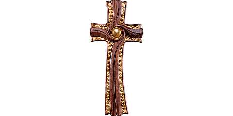 Croce della Luce, Crocifisso Contemporaneo Stile Moderno da Muro, Legno di Ciliegio con Dettagli Coloro Oro, Altezza: 13 Cm - Demetz Deur