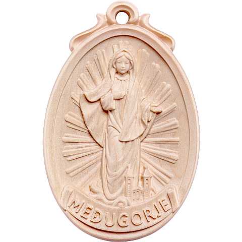 Medaglione Scolpito con Madonna Medjugorje a Figura Intera, Legno Naturale, Altezza: 12 Cm - Demetz Deur