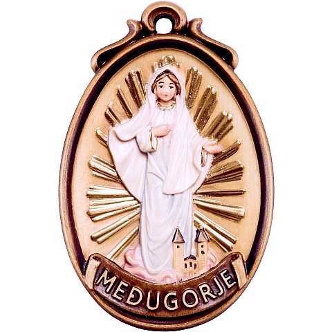 Medaglione Madonna Medjugorje - Demetz - Deur - Statua in legno dipinta a mano. Altezza pari a 6 cm.