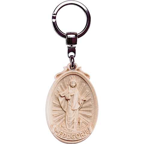 Portachiavi Madonna Medjugorje con Medaglione Scolpito, Figura Intera, Legno Naturale, Altezza: 6 cm