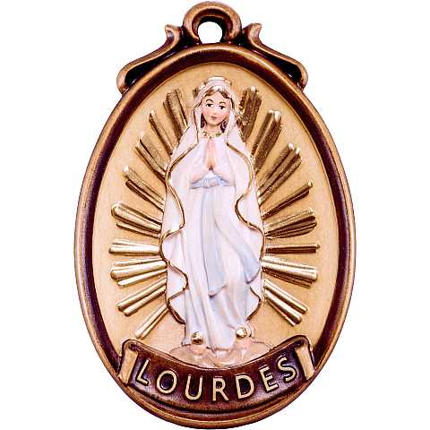 Medaglione Madonna Lourdes - Demetz - Deur - Statua in legno dipinta a mano. Altezza pari a 9 cm.