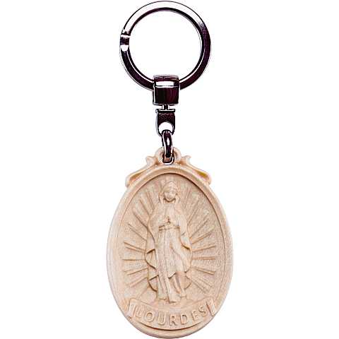 Portachiavi Madonna di Lourdes con Medaglione Scolpito, Figura Intera, Legno Naturale, Altezza: 6 cm