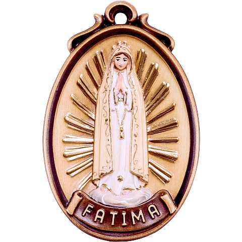 Medaglione Madonna Fatima - Demetz - Deur - Statua in legno dipinta a mano. Altezza pari a 9 cm.