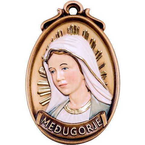Medaglione Scolpito con Volto Madonna di Medjugorje, Legno Colorato Dipinto a Mano, Altezza: 6 Cm - Demetz Deur