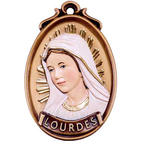 Medaglione Scolpito con Volto Madonna di Lourdes, Legno Colorato Dipinto a Mano, Altezza: 6 Cm - Demetz Deur