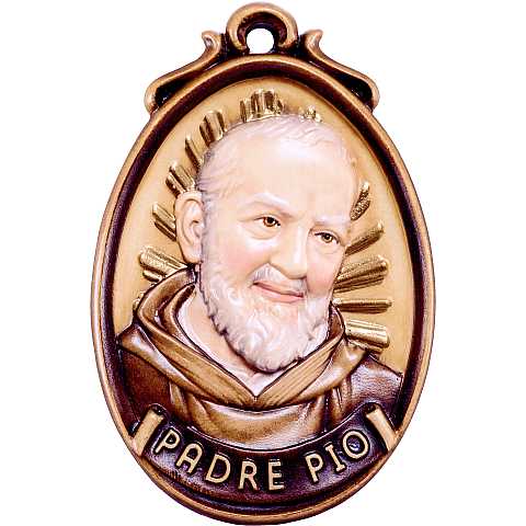 Medaglione padre Pio - Demetz - Deur - Statua in legno dipinta a mano. Altezza pari a 6 cm.