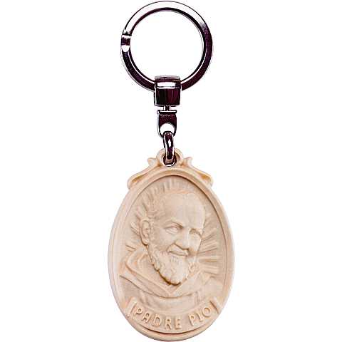 Portachiavi Padre Pio con Medaglione Scolpito, Volto di Padre Pio, Legno Naturale, Altezza: 6 Cm - Demetz Deur