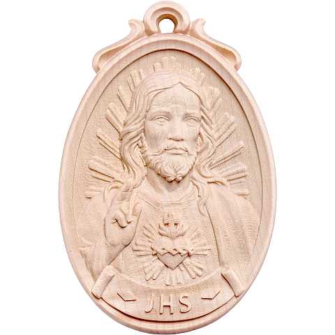 Medaglione Bassorilievo Del Sacro Cuore di Gesù, Rifinitura Legno Naturale, Altezza 9 Cm - Demetz Deur