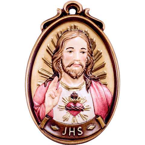 Medaglione Bassorilievo del Sacro Cuore di Gesù JHS, Legno Colorato Dipinto a Mano, Altezza 12 Cm - Demetz Deur