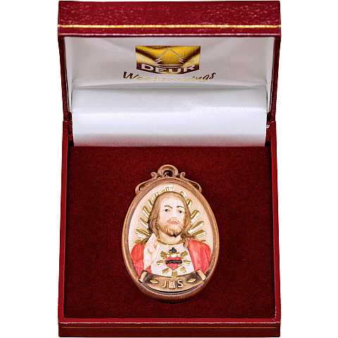 Medaglione sacro cuore di Gesù con confezione - Demetz - Deur - Statua in legno dipinta a mano. Altezza pari a 6 cm.