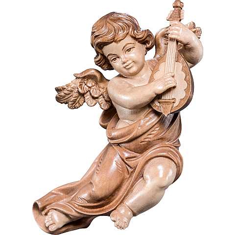 Putto mariano con mandolino - Demetz - Deur - Statua in legno dipinta a mano. Altezza pari a 14 cm.