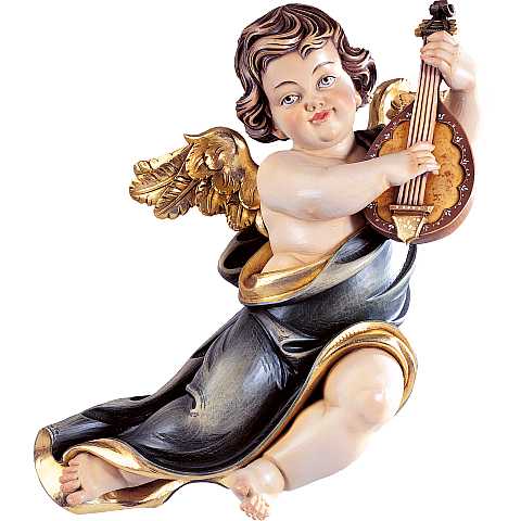 Putto mariano con mandolino - Demetz - Deur - Statua in legno dipinta a mano. Altezza pari a 55 cm.