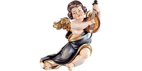 Putto mariano con mandolino - Demetz - Deur - Statua in legno dipinta a mano. Altezza pari a 11 cm.