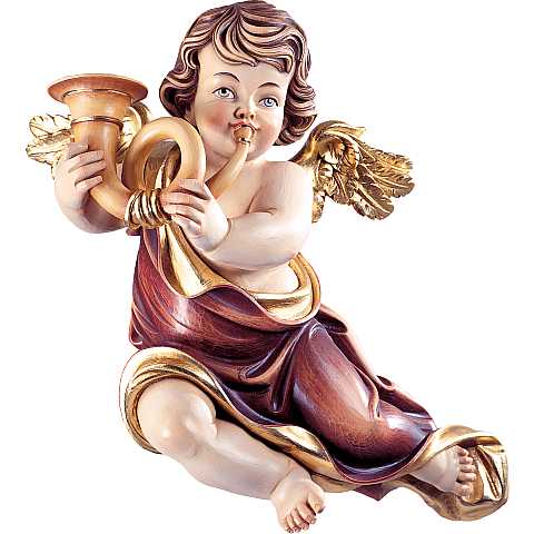 Putto mariano con corno - Demetz - Deur - Statua in legno dipinta a mano. Altezza pari a 14 cm.