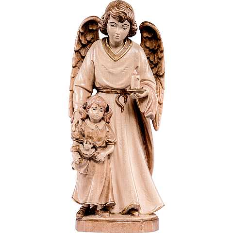 Statua Angelo Custode con Bambina, Legno in 3 Toni di Marrone, Linea da 15 cm - Demetz Deur