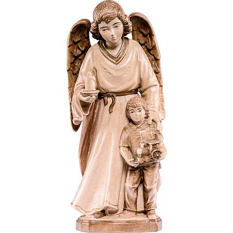 Statua Angelo Custode con Bambino, Legno in 3 Toni di Marrone, Linea da 30 cm - Demetz Deur