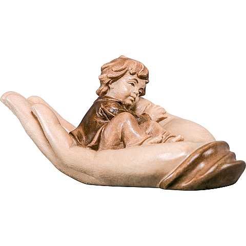 Mano Protettrice Distesa con Bambino, Statuetta in Legno, 3 Toni di Marrone, Lunghezza 14 Cm - Demetz Deur