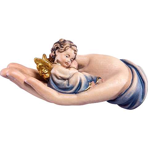 Mano protettrice distesa con angelo azzurro - Demetz - Deur - Statua in legno dipinta a mano. Altezza pari a 11 cm.