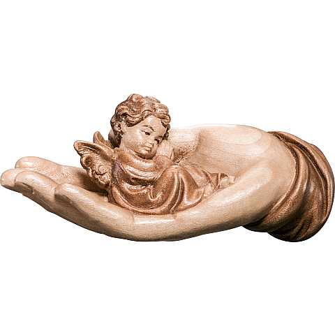 Mano protettrice distesa con angelo rosso - Demetz - Deur - Statua in legno dipinta a mano. Altezza pari a 14 cm.
