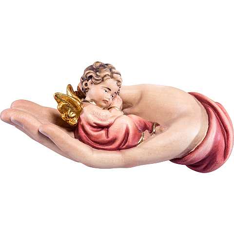Mano protettrice distesa con angelo rosso - Demetz - Deur - Statua in legno dipinta a mano. Altezza pari a 7 cm.