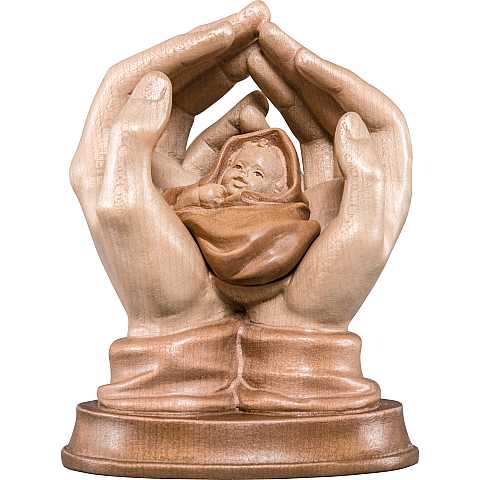 Mani protettrici con neonato - Demetz - Deur - Statua in legno dipinta a mano. Altezza pari a 8 cm.