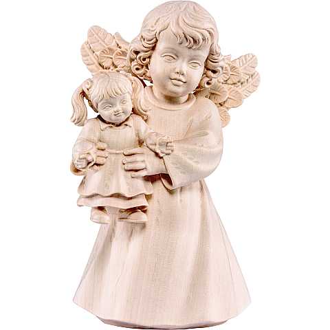 Statuina dell'angioletto con bambola, linea da 20 cm, in legno naturale, collezione Angeli Sissi - Demetz Deur