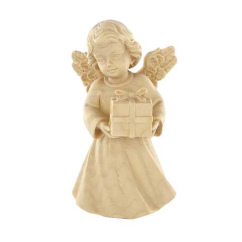 Statuina dell'angioletto con pacchetto regalo, linea da 10 cm, in legno naturale, collezione Angeli Sissi - Demetz Deur