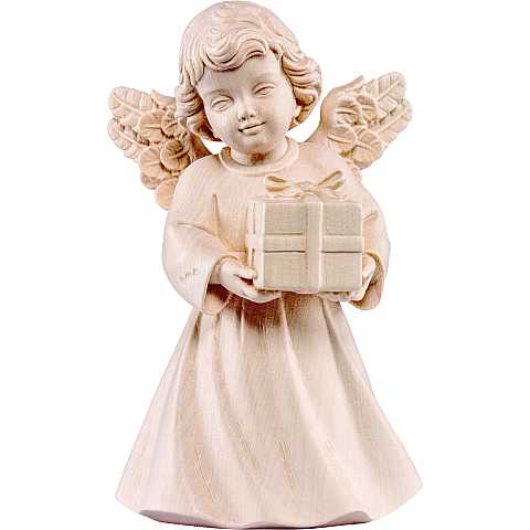 Statuina dell'angioletto con pacchetto regalo, linea da 20 cm, in legno naturale, collezione Angeli Sissi - Demetz Deur