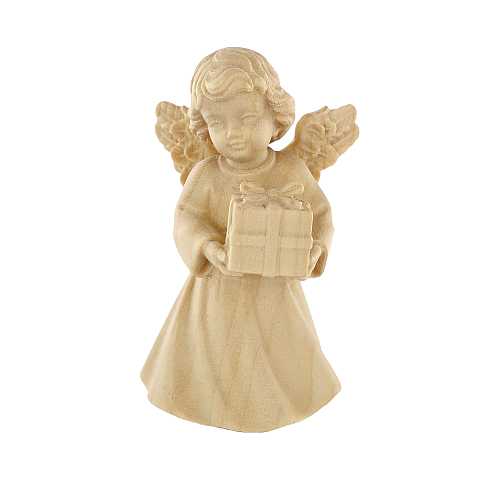 Statuina dell'angioletto con pacchetto regalo, linea da 7 cm, in legno naturale, collezione Angeli Sissi - Demetz Deur