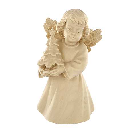 Statuina dell'angioletto con alberello di Natale, linea da 14 cm, in legno naturale, collezione Angeli Sissi - Demetz Deur