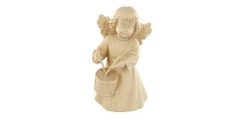 Statuina dell'angioletto con tamburo, linea da 10 cm, in legno naturale, collezione Angeli Sissi - Demetz Deur