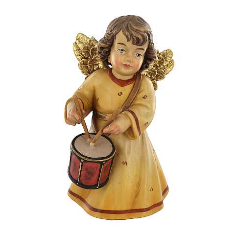 Statuina dell'angioletto con tamburo, linea da 14 cm, in legno dipinto a mano, collezione Angeli Sissi - Demetz Deur