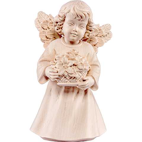 Statuina dell'angioletto con fiori, linea da 20 cm, in legno naturale, collezione Angeli Sissi - Demetz Deur