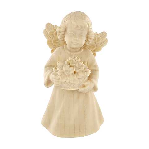 Statuina dell'angioletto con fiori, linea da 7 cm, in legno naturale, collezione Angeli Sissi - Demetz Deur