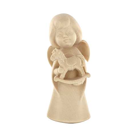 Statuina dell'angioletto con cavallo giocattolo, linea da 11 cm, in legno naturale, collezione Angeli Sognatori - Demetz Deur