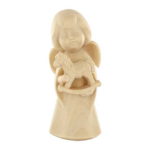 Statuina dell'angioletto con cavallo giocattolo, linea da 6 cm, in legno naturale, collezione Angeli Sognatori - Demetz Deur