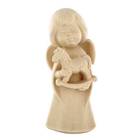 Statuina dell'angioletto con cavallo giocattolo, linea da 8 cm, in legno naturale, collezione Angeli Sognatori - Demetz Deur