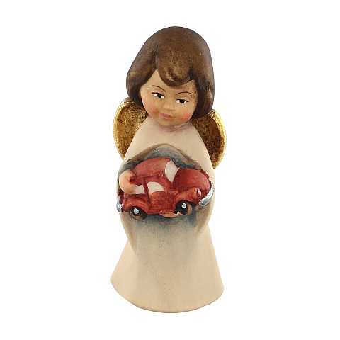 Statuina dell'angioletto con auto giocattolo, linea da 6 cm, in legno dipinto a mano, collezione Angeli Sognatori - Demetz Deur