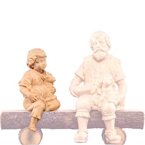 Fanciullo seduto con capretto ''Rives Krippe'', Statuina in Legno Naturale, Adatta a Presepe Linea 15 Cm - Demetz Deur
